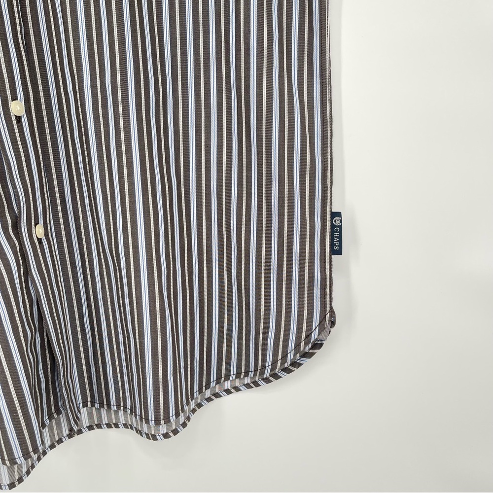 New CHAPS Button-Down Mens Large 100% Cotton Long Sleeve Grey Blue White Stripes - Picture 7 of 14
